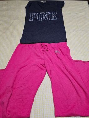 Vintage PINK Logo Black Tee with Hot Pink Lounge Pants Medium